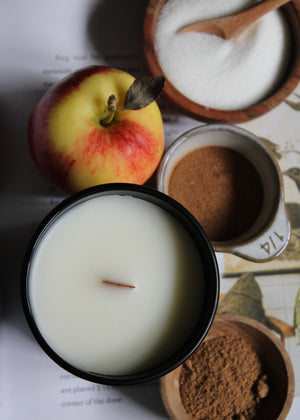 Candle with apple, sugar, and cinnamon on a magazine background