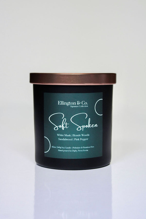 Soft Spoken White Musk & Mimosa Soy Candle | Wooden Wick | 8.5oz Matte Black Jar | Signature Collection