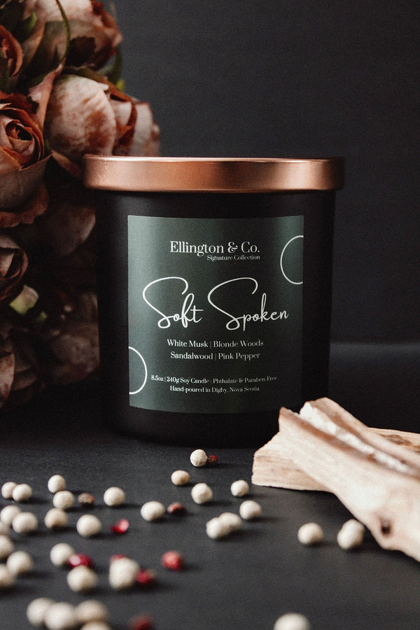 Soft Spoken White Musk & Mimosa Soy Candle | Wooden Wick | 8.5oz Matte Black Jar | Signature Collection