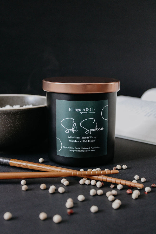 Soft Spoken White Musk & Mimosa Soy Candle | Wooden Wick | 8.5oz Matte Black Jar | Signature Collection