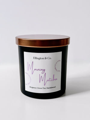 Matcha green tea soy candle with wooden wick in matte black jar fresh clean tea fragrance Canada