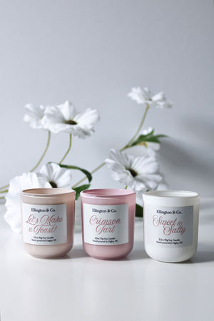 Close up of Mother's Day candle trip gift set with three 2.5 oz soy candles and wooden wicks.