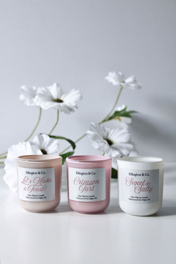 Close up of Mother's Day candle trip gift set with three 2.5 oz soy candles and wooden wicks.
